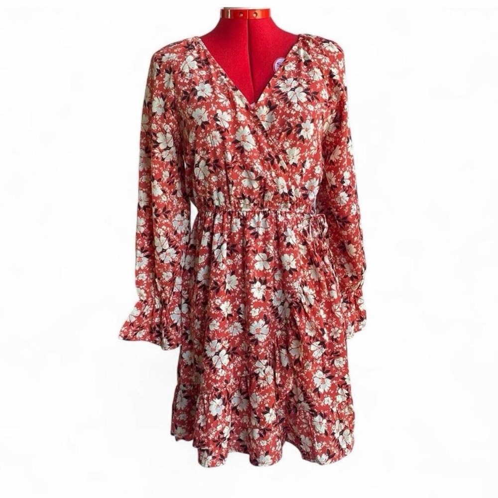Hayden Los Angeles red floral faux wrap mini dress long sleeves size small boho
